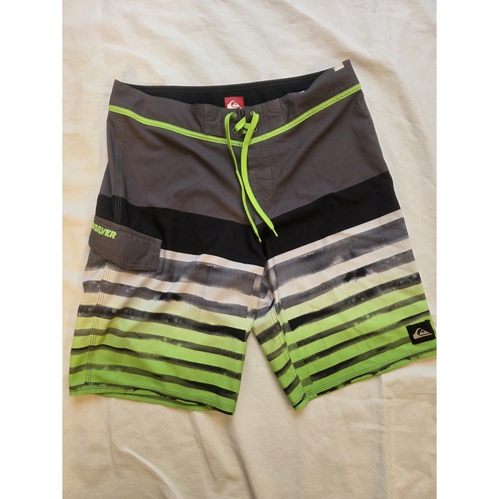 Quiksilver Board Shorts Mens 34 Gray Black Neon Green Striped Surf Swim Trunks